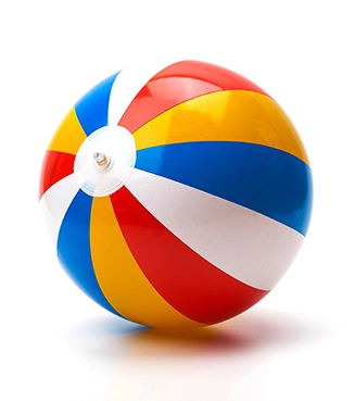 Beach ball with blue, red, white and yellow stripes