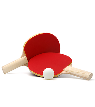 Red ping pong paddles and ball